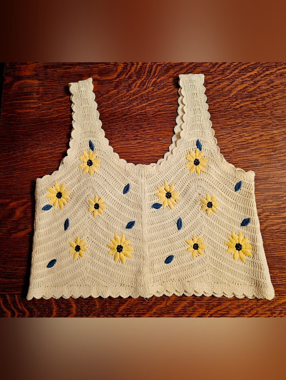 New IN Handmade Cream Crochet Tank with Yellow Flower Embroidery